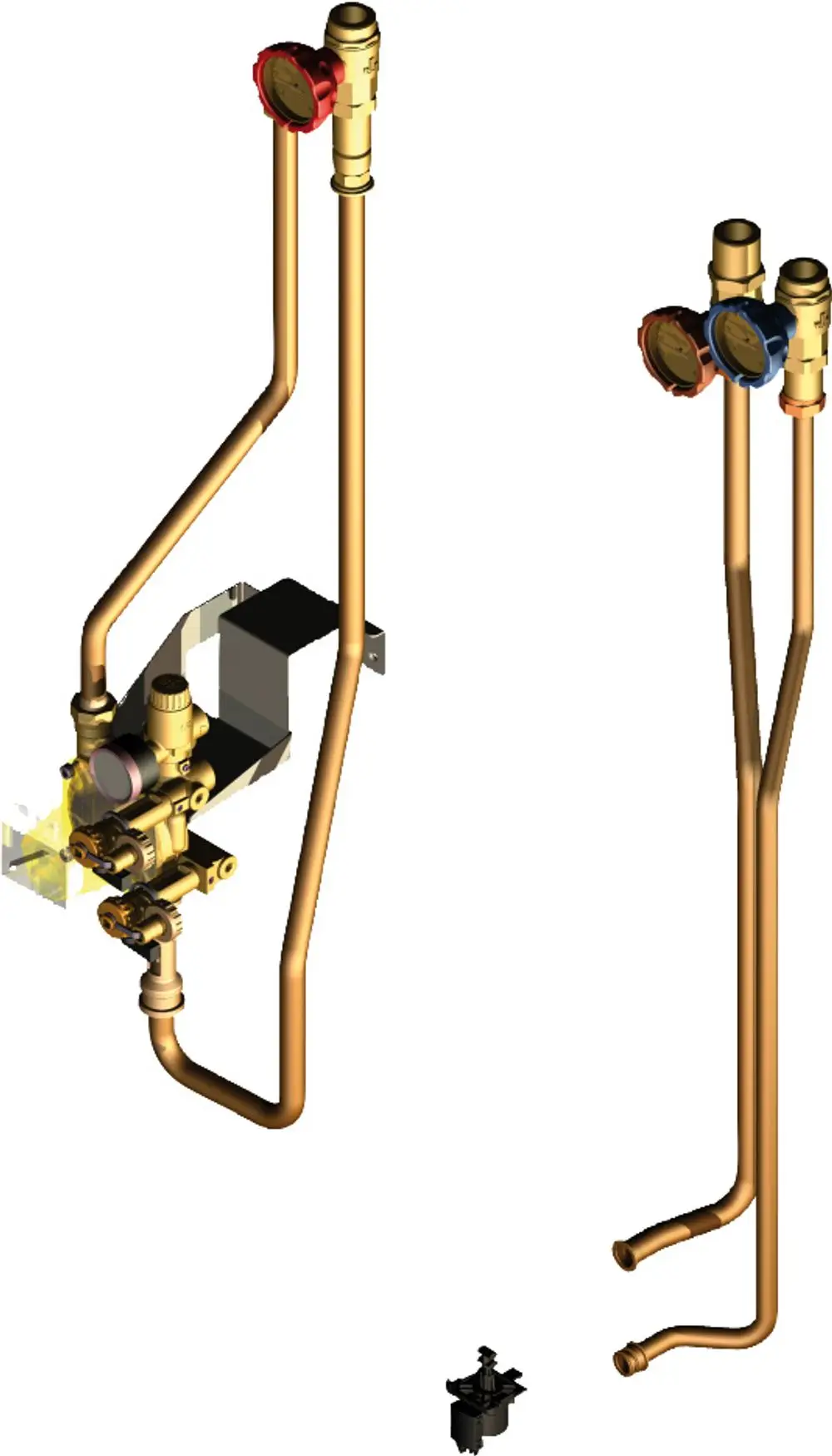 Installationszubehör von Bosch für solare Heizungsunterstützung, bestehend aus Rohren und Druckmessgeräten, zur effizienten Verknüpfung von Systemkomponenten.